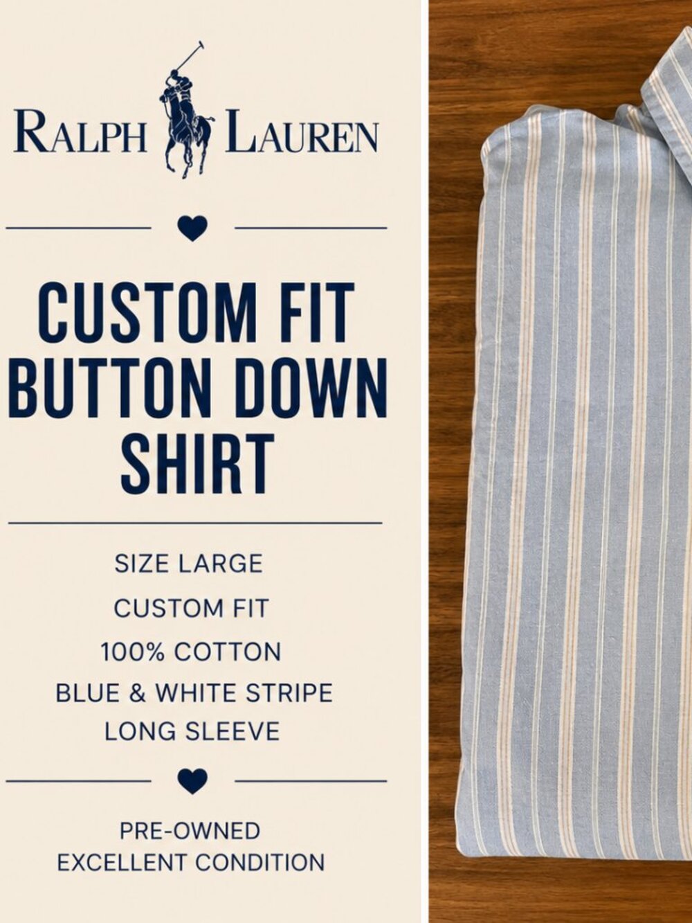 Ralph Lauren Polo Custom Fit Blue White Striped Button Down Shirt Men's Large